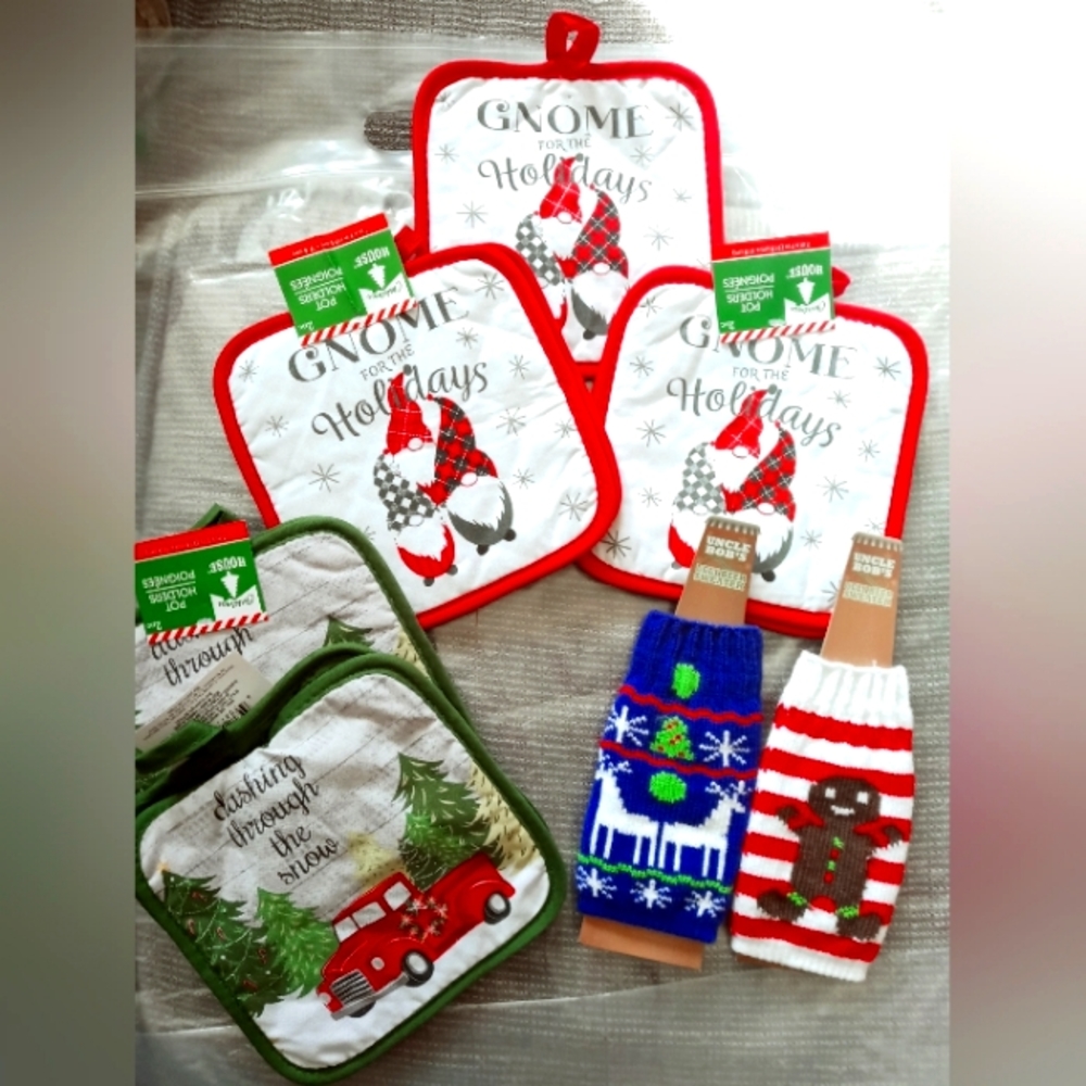 12Pc Holiday Pothldrs+Koozies+Apron Set | Christmas Red Green NWT Bundle